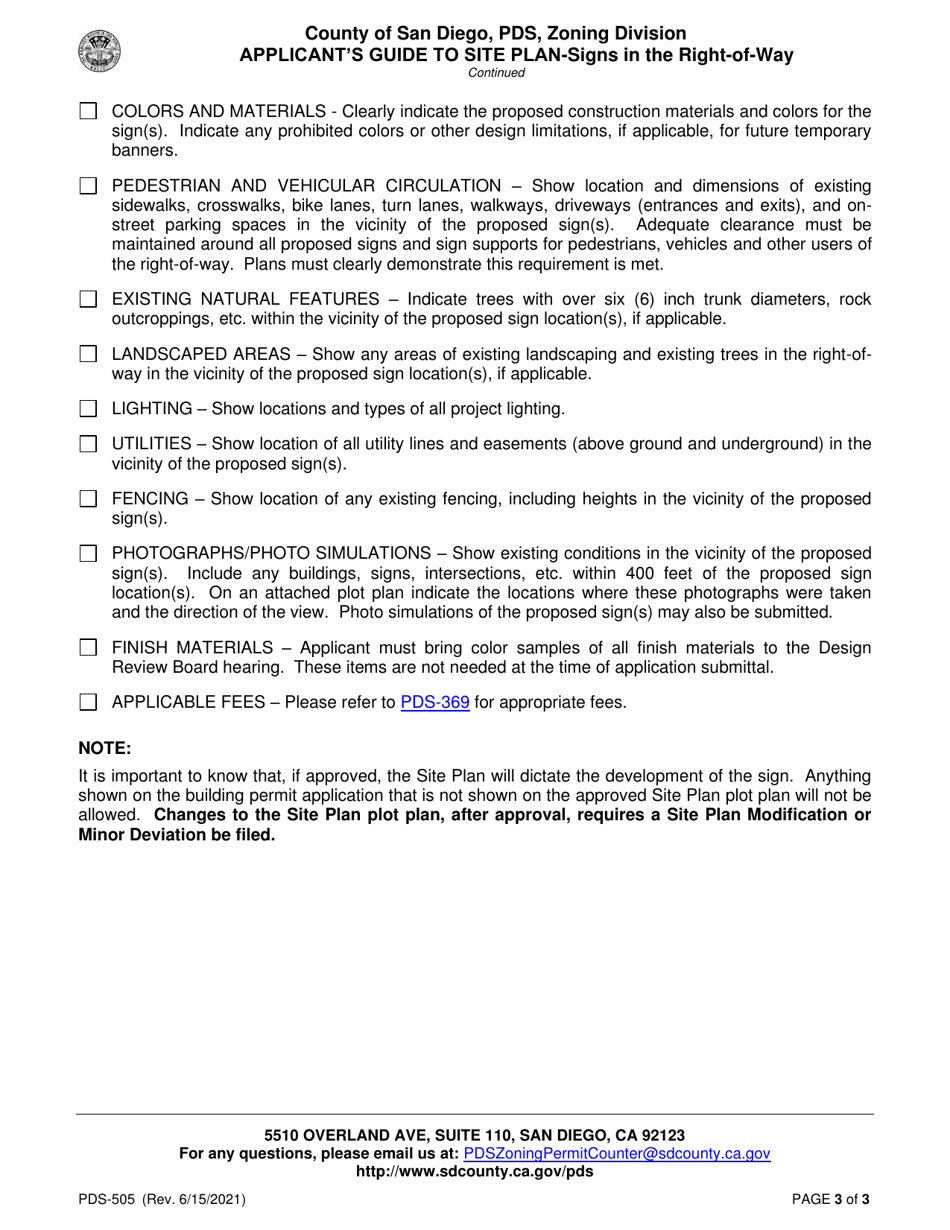 Form PDS-505 Applicants Guide to a Site Plan - Signs in the Right-Of-Way - County of San Diego, California, Page 3