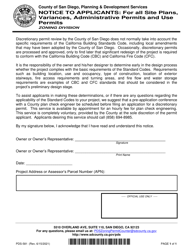 Document preview: Form PDS-581 Notice to Applicants: for All Site Plans, Variances, Administrative Permits and Use Permits - County of San Diego, California