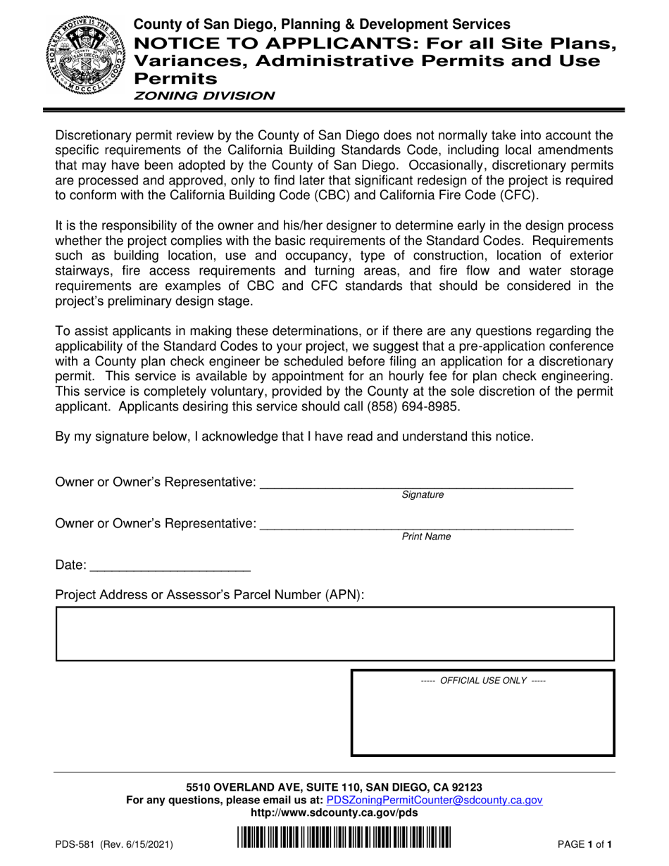 Form PDS-581 Notice to Applicants: for All Site Plans, Variances, Administrative Permits and Use Permits - County of San Diego, California, Page 1