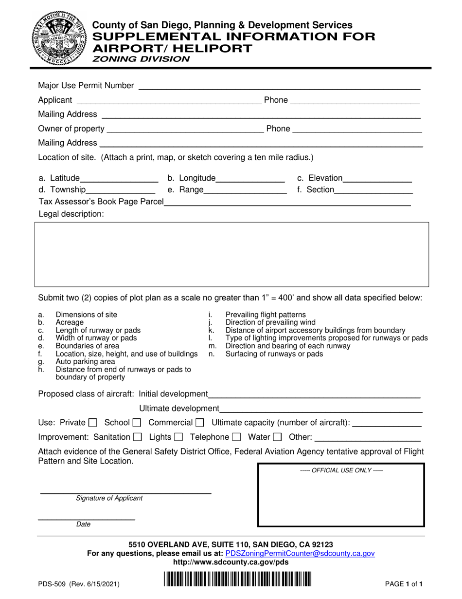 Form PDS-509 Supplemental Information for Airport / Heliport - County of San Diego, California, Page 1