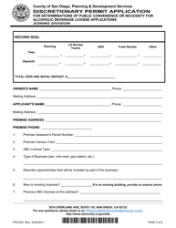 Form PDS-655 Discretionary Permit Application for Determinations of Public Convenience or Necessity for Alcoholic Beverage License Applications - County of San Diego, California