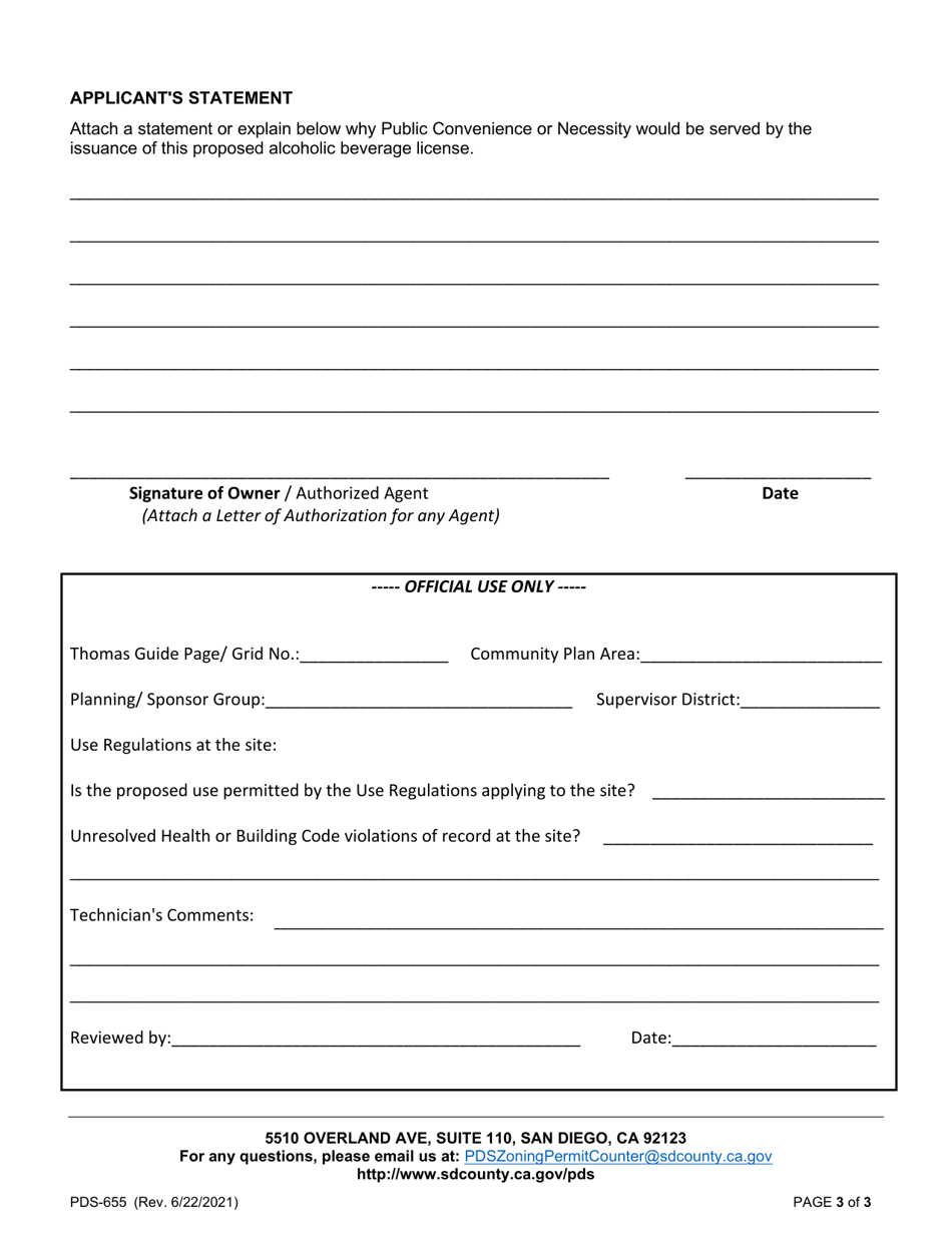 Form PDS-655 Discretionary Permit Application for Determinations of Public Convenience or Necessity for Alcoholic Beverage License Applications - County of San Diego, California, Page 3