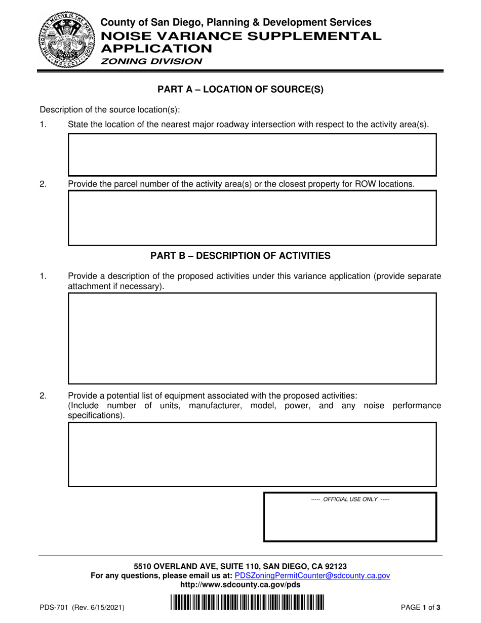 Form PDS-701 Noise Variance Supplemental Application - County of San Diego, California, Page 1