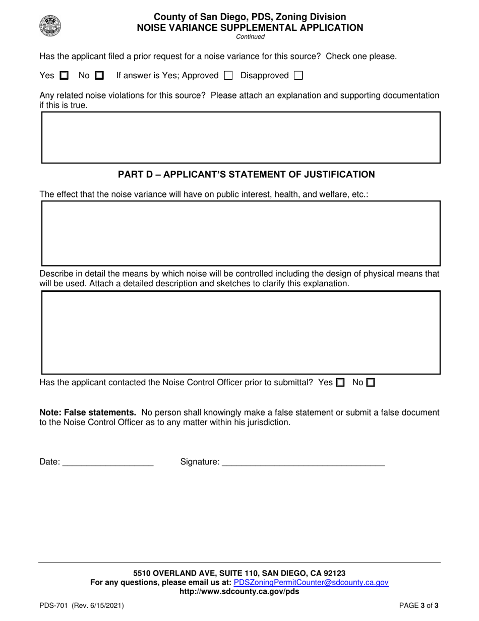Form PDS-701 Noise Variance Supplemental Application - County of San Diego, California, Page 3