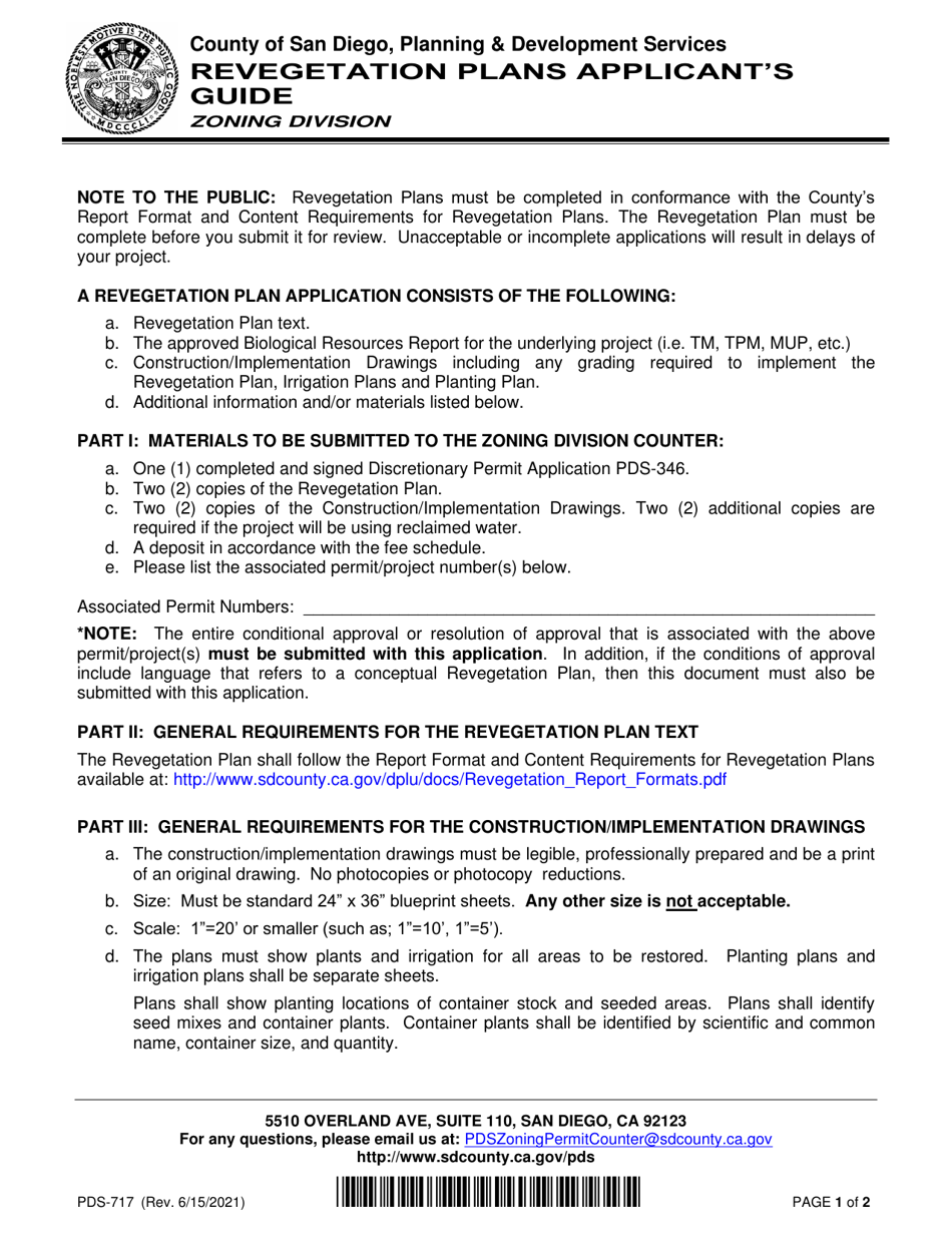 Form PDS-717 Revegetation Plans Applicants Guide - County of San Diego, California, Page 1