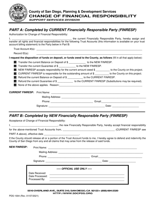 Form PDS-1004 Change of Financial Responsibility - County of San Diego, California