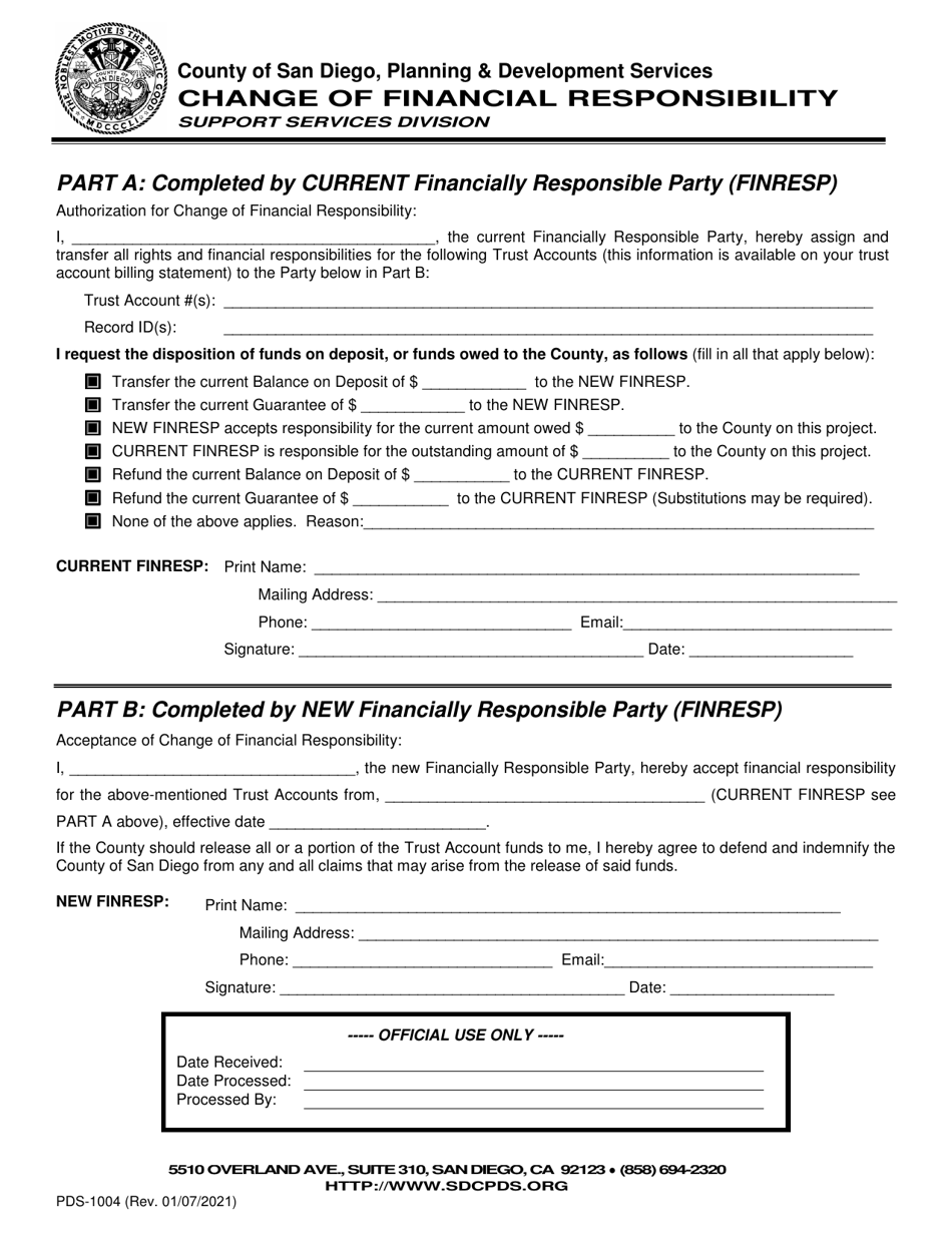 Form PDS-1004 Change of Financial Responsibility - County of San Diego, California, Page 1