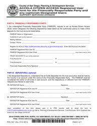 Document preview: Form PDS-1007 Accela Citizen Access Registered User Form for the Financially Responsible Party and Any (Optional) Designated Users - County of San Diego, California