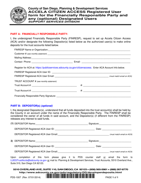 Form PDS-1007 Accela Citizen Access Registered User Form for the Financially Responsible Party and Any (Optional) Designated Users - County of San Diego, California