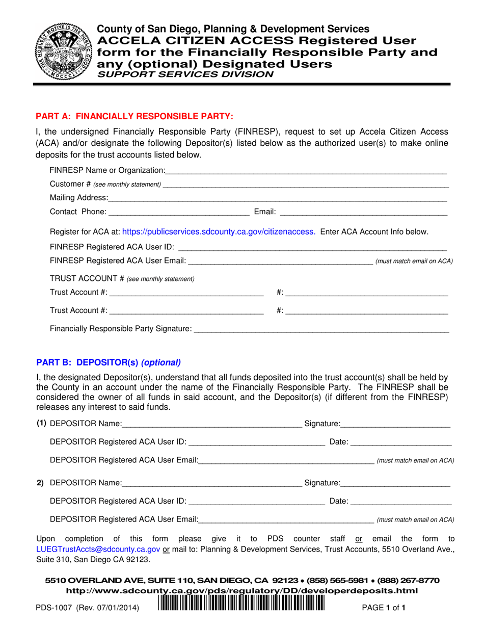 Form PDS-1007 Download Fillable PDF or Fill Online Accela Citizen Access  Registered User Form for the Financially Responsible Party and Any  (Optional) Designated Users County of San Diego, California | Templateroller