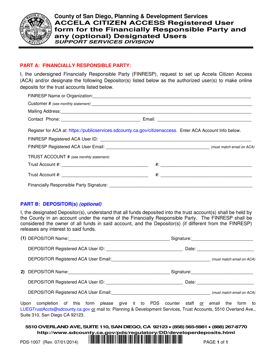 Form PDS-1007 Accela Citizen Access Registered User Form for the Financially Responsible Party and Any (Optional) Designated Users - County of San Diego, California, Page 1