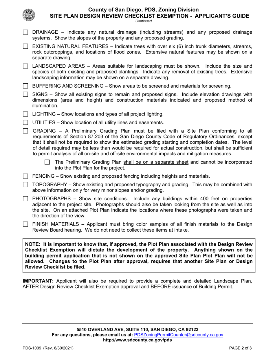 Form PDS-1009 Site Plan Design Review Checklist Exemption - Applicants Guide - County of San Diego, California, Page 2