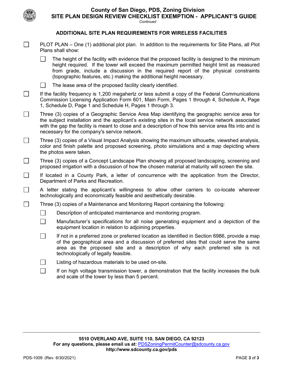Form PDS-1009 Site Plan Design Review Checklist Exemption - Applicants Guide - County of San Diego, California, Page 3