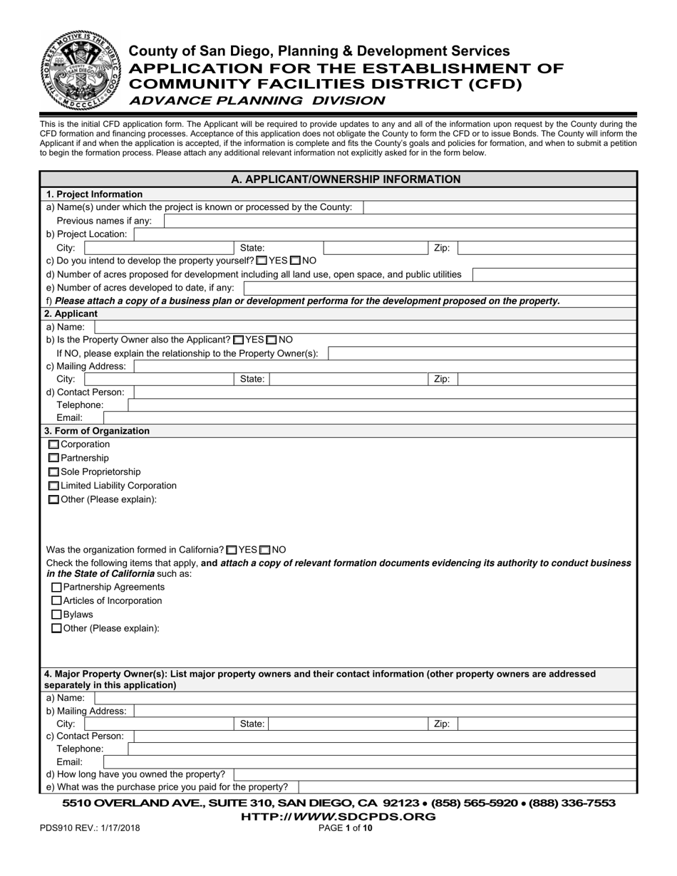 Form PDS910 Application for the Establishment of Community Facilities District (Cfd) - County of San Diego, California, Page 1