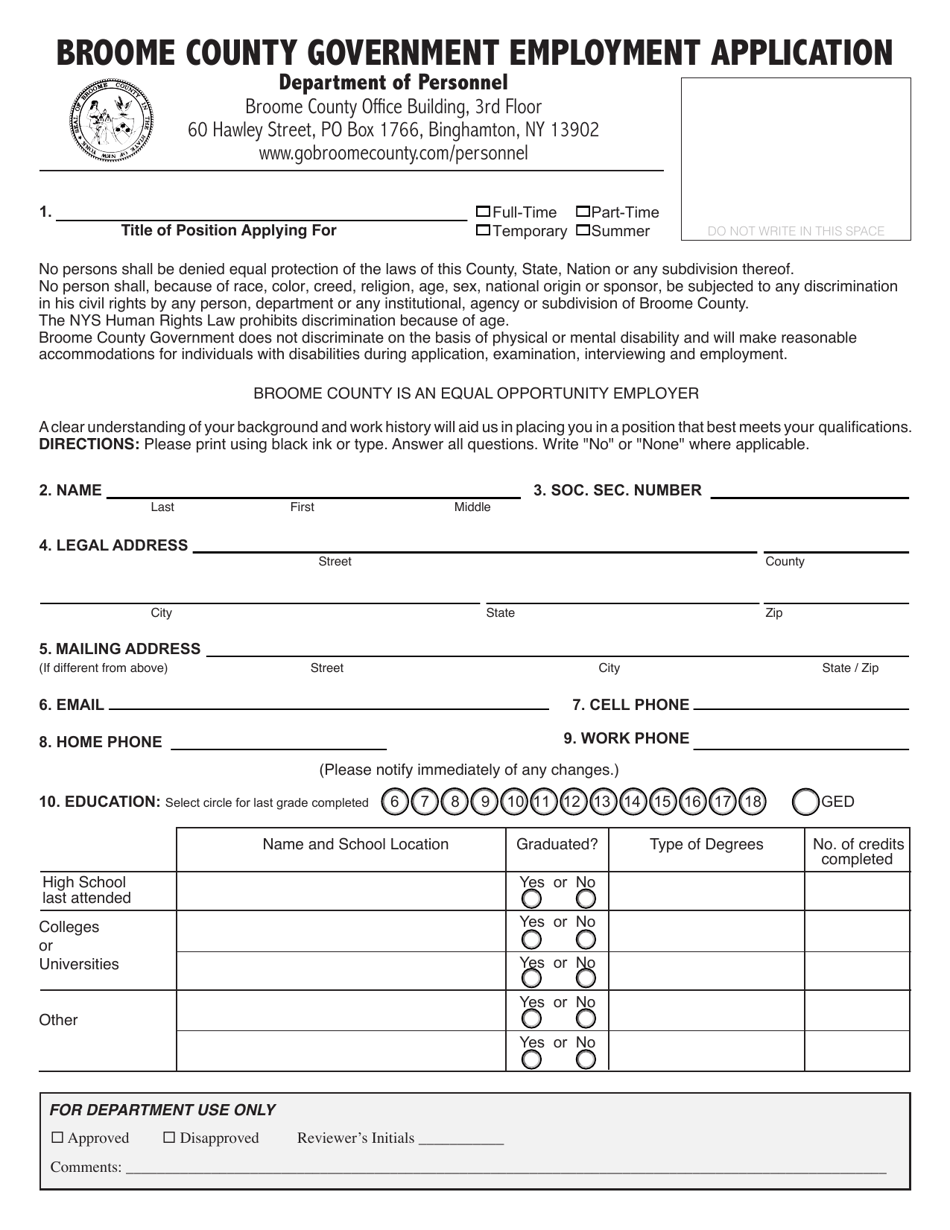 Broome County Government Employment Application - Broome County, New York, Page 1