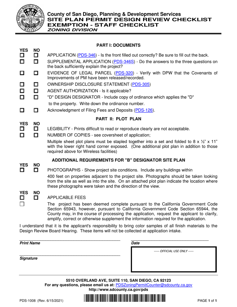 Form PDS-1008 Site Plan Permit Design Review Checklist Exemption - Staff Checklist - County of San Diego, California, Page 1