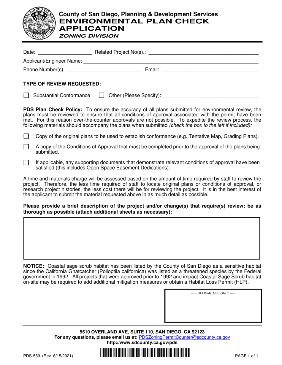 Form PDS-589 Environmental Plan Check Application - County of San Diego, California, Page 1