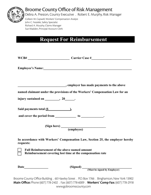 Request for Reimbursement - Broome County, New York Download Pdf