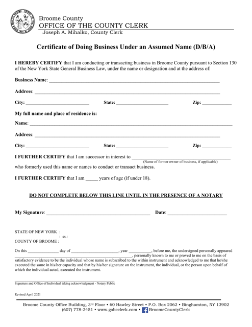 Certificate of Doing Business Under an Assumed Name (D / B / A) - Broome County, New York Download Pdf