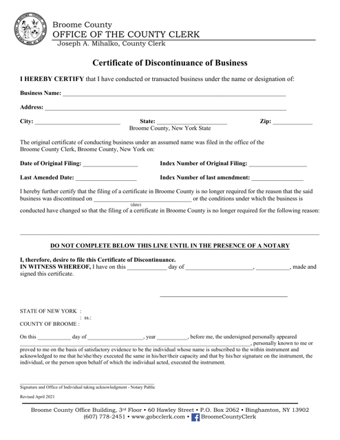 Certificate of Discontinuance of Business - Broome County, New York Download Pdf