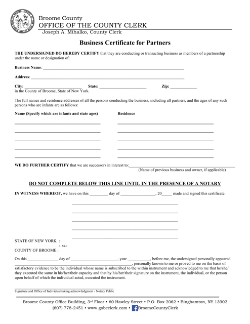 Business Certificate for Partners - Broome County, New York Download Pdf