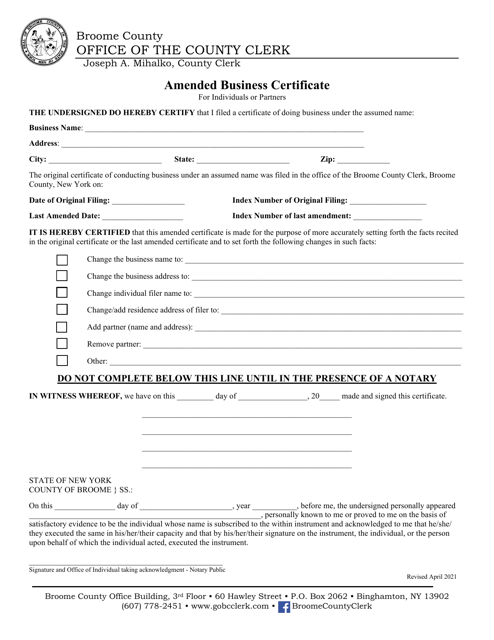 Amended Business Certificate for Individuals and Partners - Broome County, New York Download Pdf