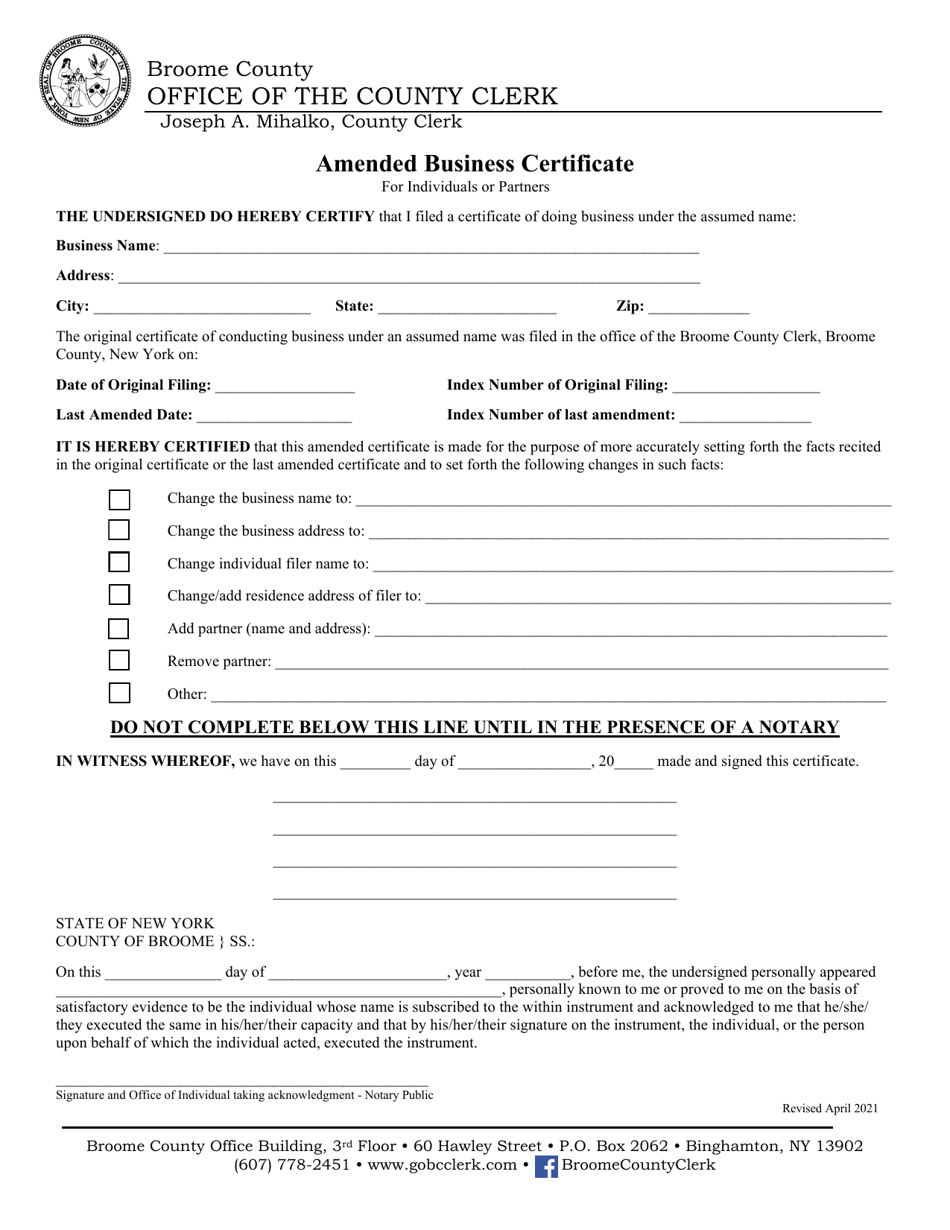 Amended Business Certificate for Individuals and Partners - Broome County, New York, Page 1