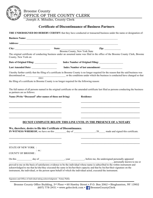 Certificate of Discontinuance of Business Partners - Broome County, New York