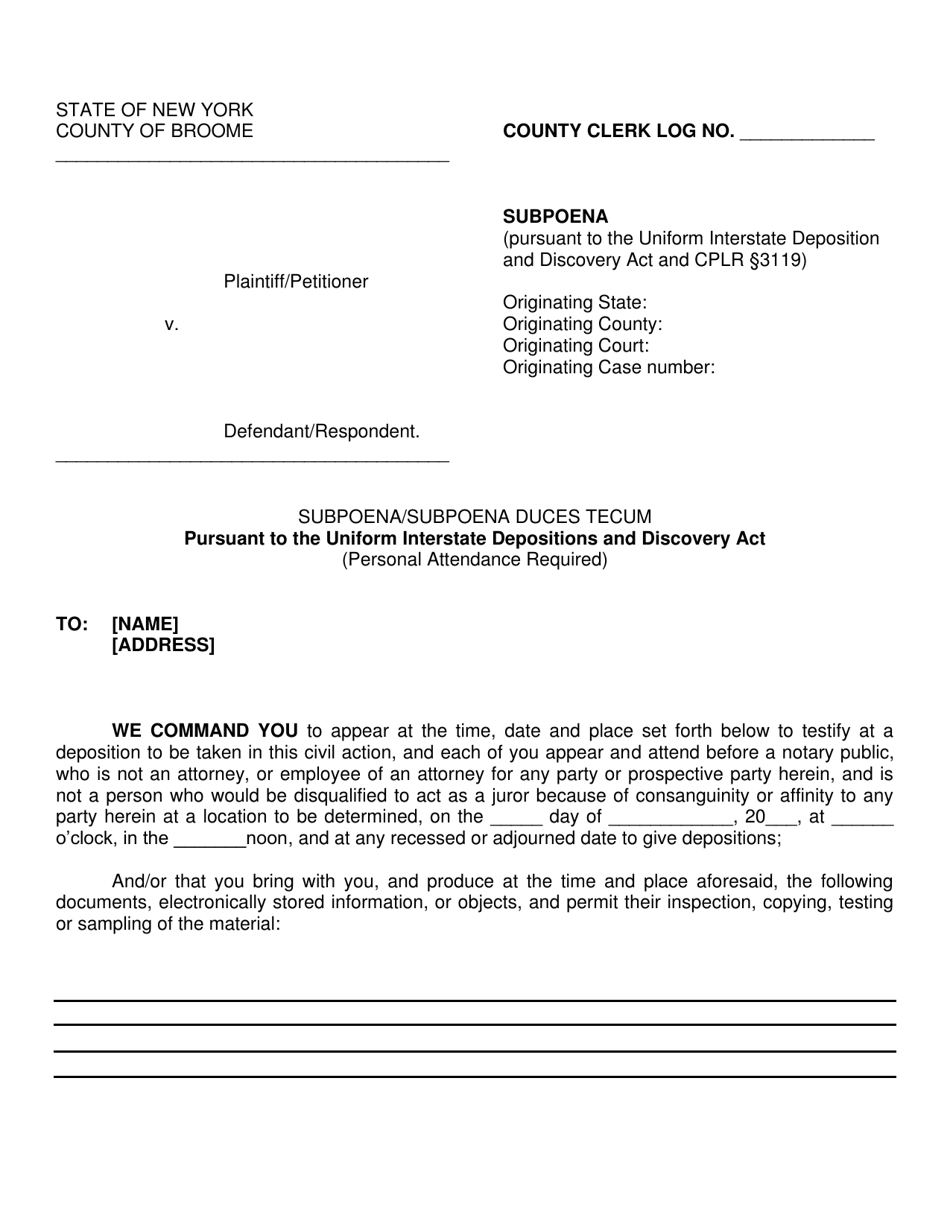 Subpoena / Subpoena Duces Tecum Pursuant to the Uniform Interstate Depositions and Discovery Act - Broome County, New York, Page 1