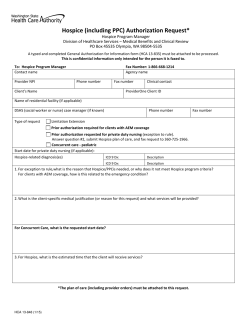 Form HCA13-848 Hospice (Including Ppc) Authorization Request - Washington