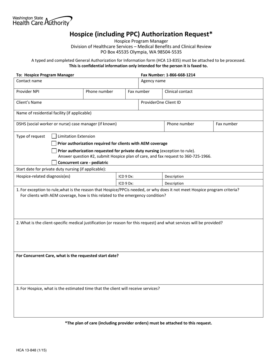 Form HCA13-848 Hospice (Including Ppc) Authorization Request - Washington, Page 1