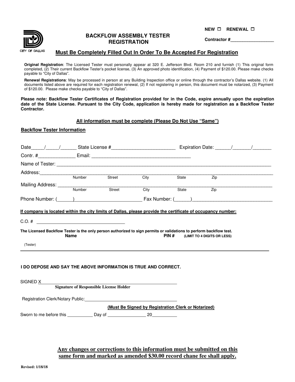 Backflow Assembly Tester Registration - City of Dallas, Texas, Page 1