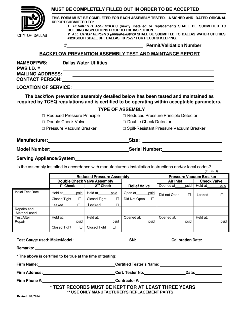 Backflow Prevention Assembly Test and Maintance Report - City of Dallas, Texas, Page 1