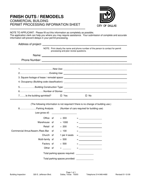 Commercial Building Finish out / Remodel / Renovation - Permit Processing Information Sheet - City of Dallas, Texas Download Pdf