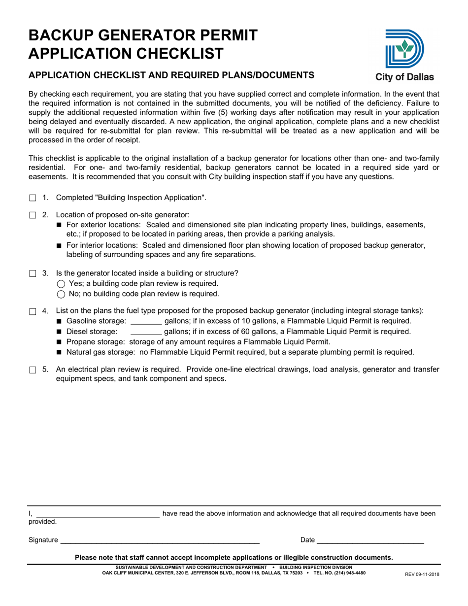 Backup Generator Permit Application Checklist - City of Dallas, Texas, Page 1