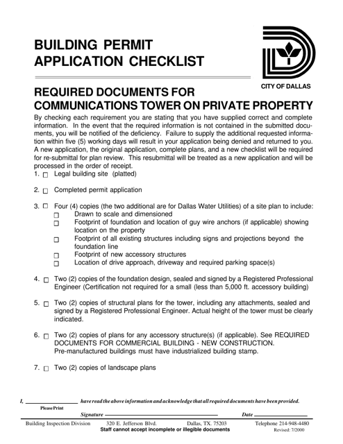 Document preview: Building Permit Application Checklist - Communications Tower on Private Property - City of Dallas, Texas