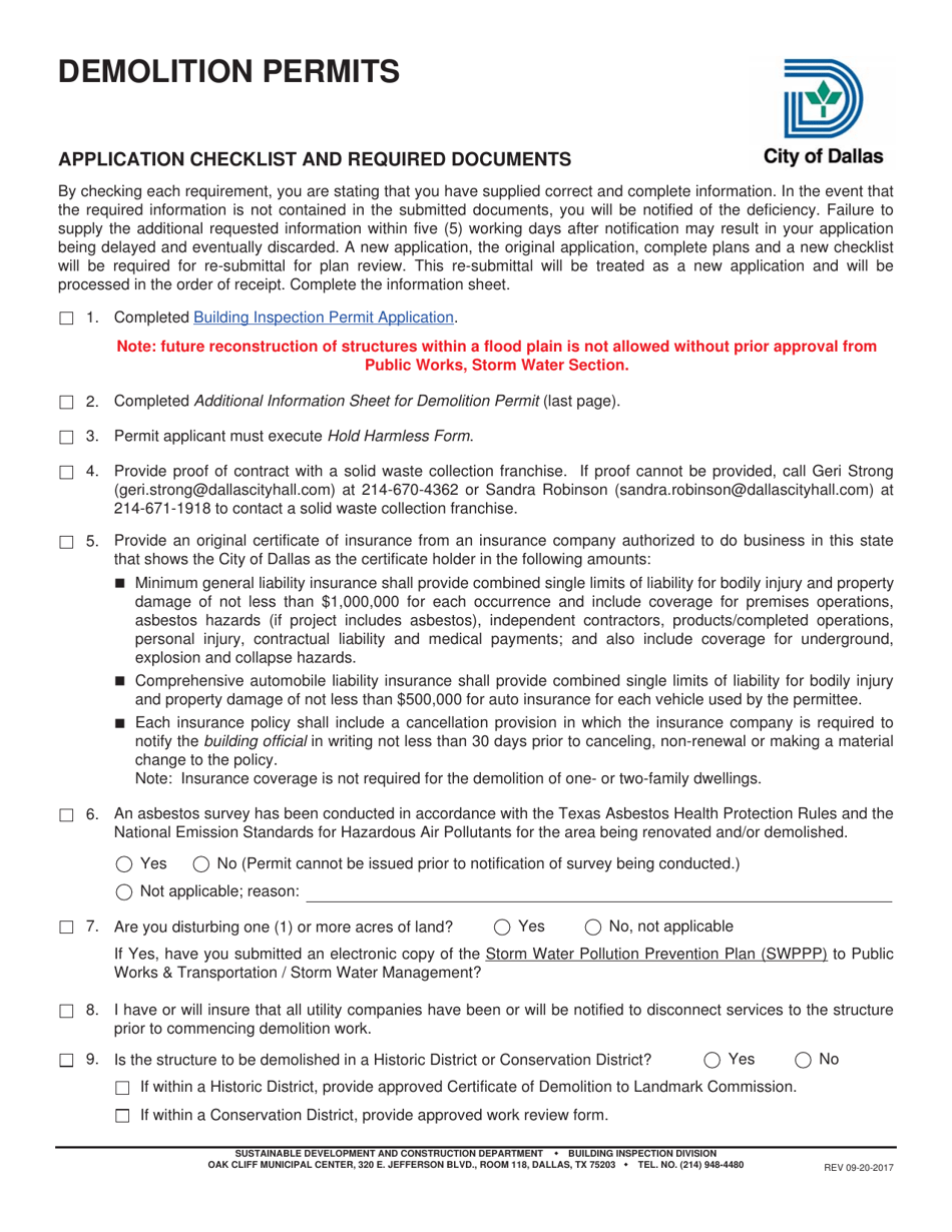 Demolition Permit Checklist - City of Dallas, Texas, Page 1