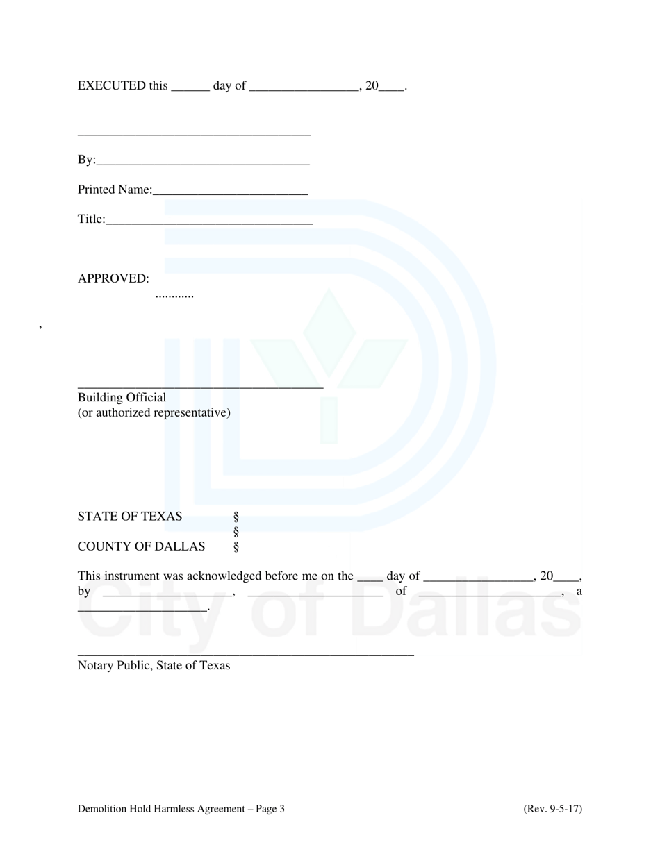 Hold Harmless, Defense, and Indemnity Agreement - City of Dallas, Texas, Page 3
