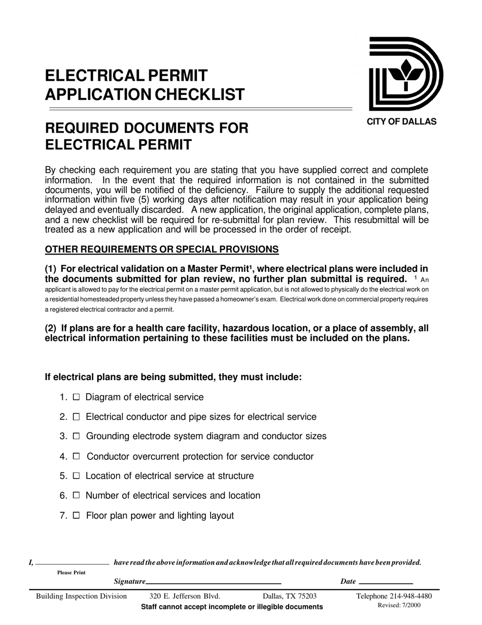 City of Dallas, Texas Electrical Permit Application Checklist Fill