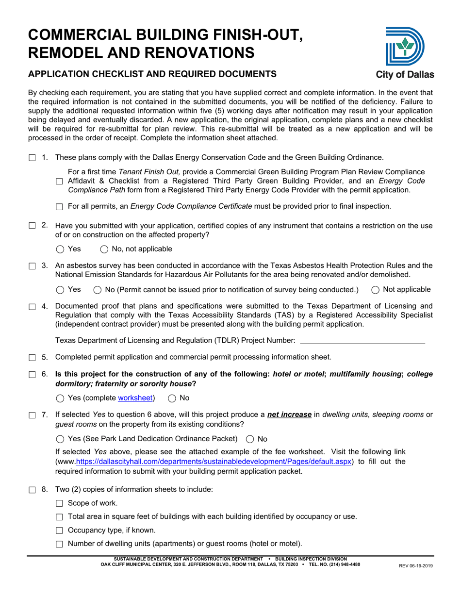 Commercial Building Finish out / Remodel / Renovation - Application Checklist - City of Dallas, Texas, Page 1