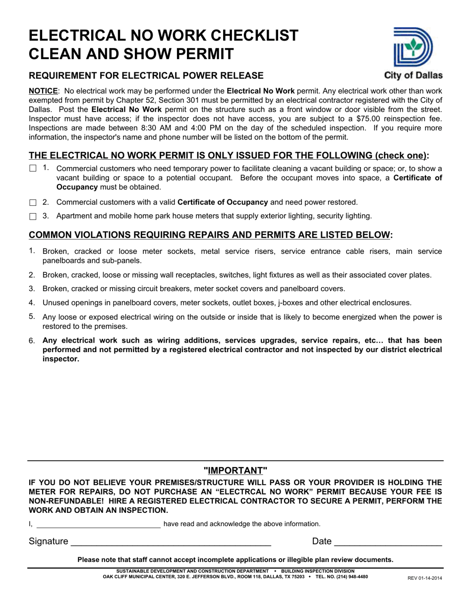 Electrical No Work Checklist - Clean and Show Permit - City of Dallas, Texas, Page 1