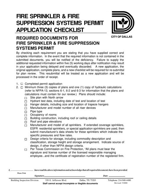 Fire Sprinkler & Fire Suppression Systems Permit Application Checklist - City of Dallas, Texas Download Pdf