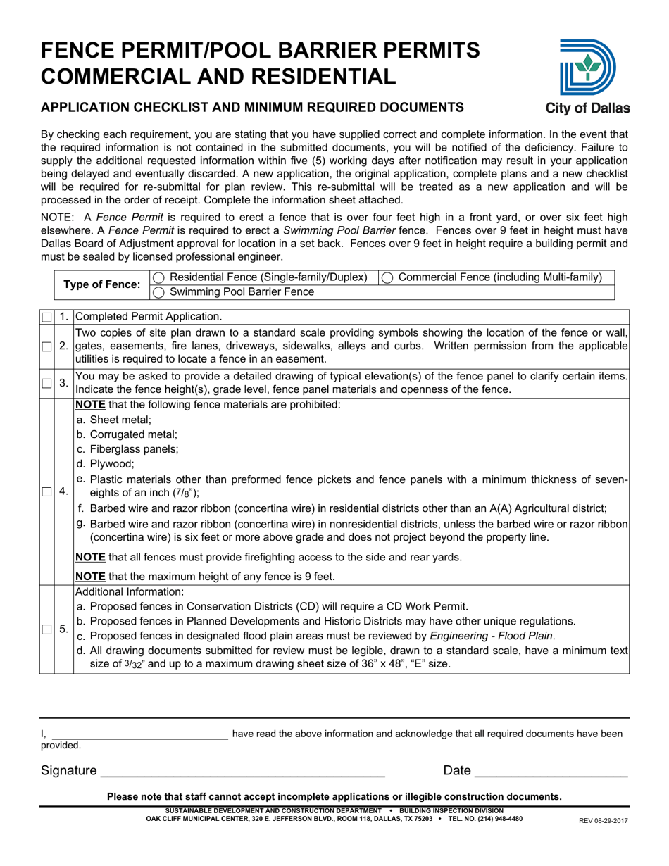 Fence Permit / Pool Barrier Permits Commercial and Residential Application Checklist - City of Dallas, Texas, Page 1
