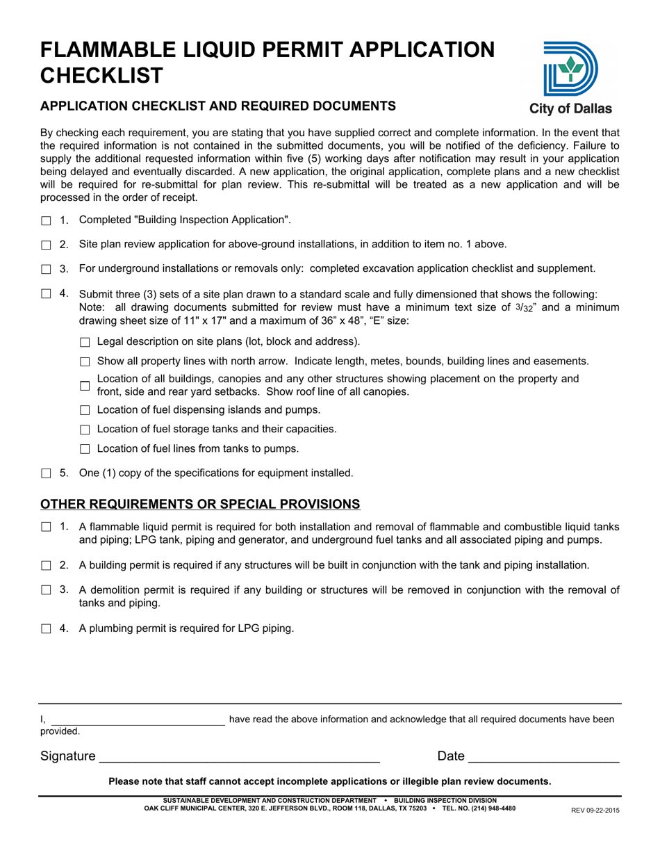 Flammable Liquid Permit Application Checklist - City of Dallas, Texas, Page 1