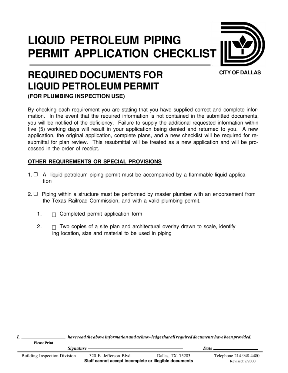 Liquid Petroleum Piping Permit Application Checklist - City of Dallas, Texas, Page 1