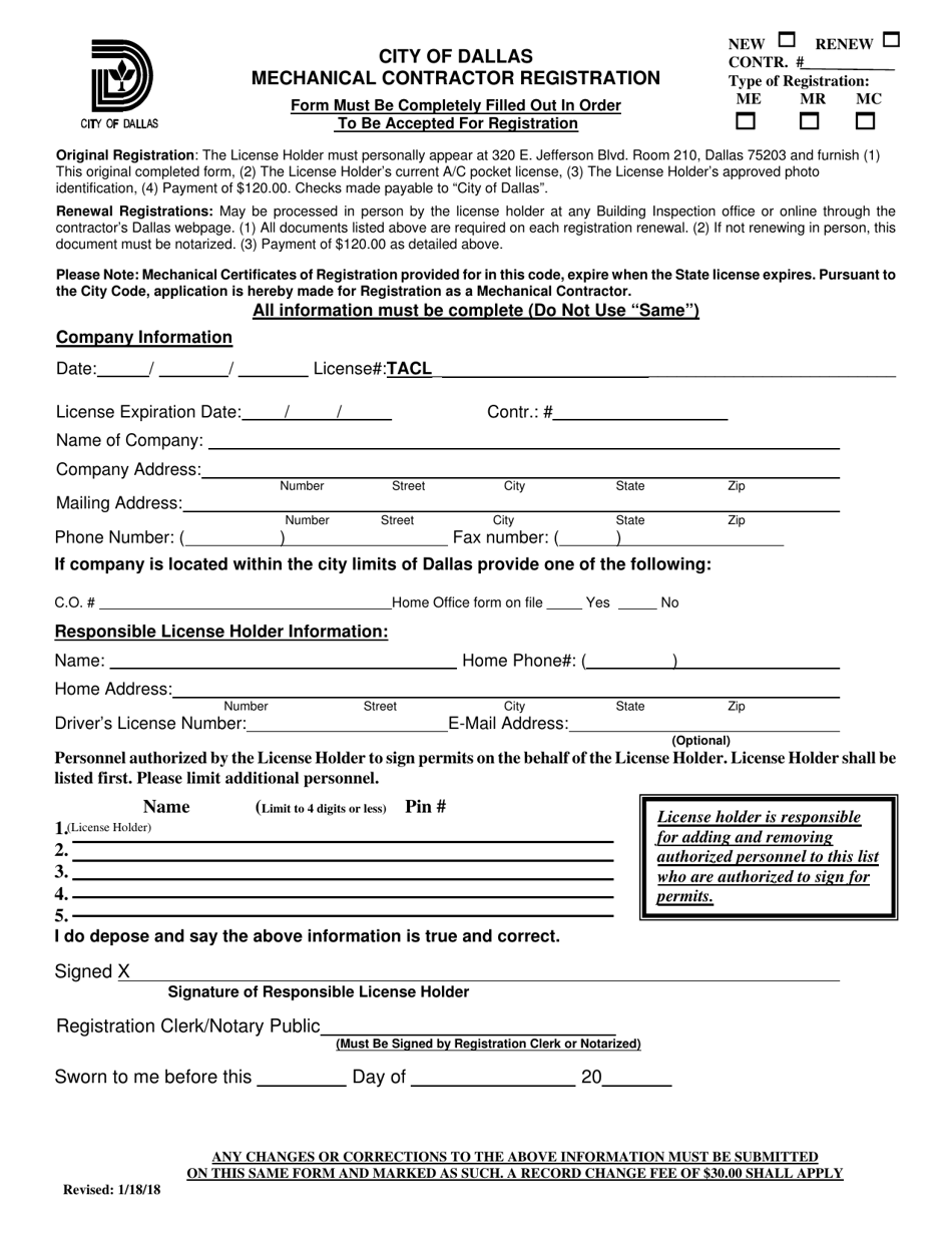 Mechanical Contractor Registration - City of Dallas, Texas, Page 1