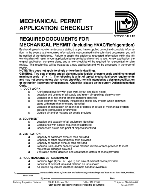 Mechanical Permit Application Checklist (Including HVAC/Refrigeration) - City of Dallas, Texas
