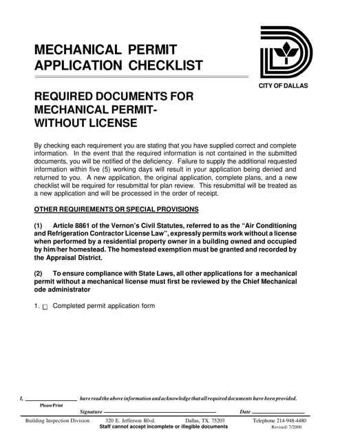 Mechanical Permit Application Checklist - Without License - City of Dallas, Texas Download Pdf