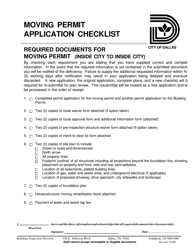Document preview: Moving Permit Application Checklist (Inside City to Inside City) - City of Dallas, Texas