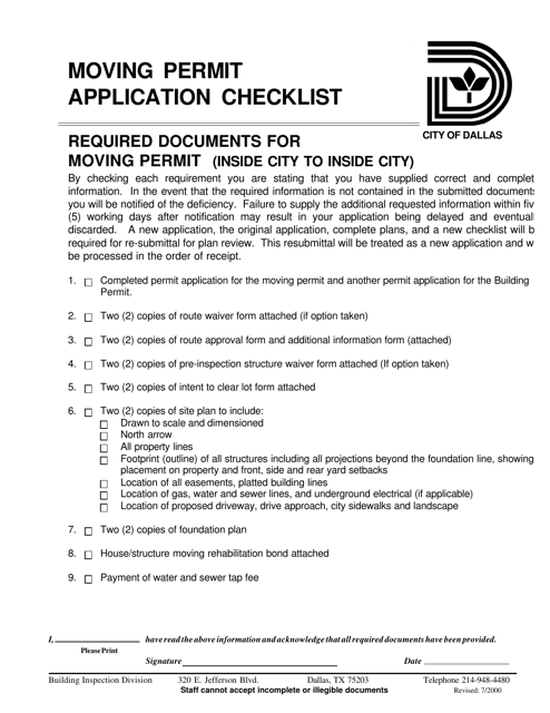 Moving Permit Application Checklist (Inside City to Inside City) - City of Dallas, Texas Download Pdf